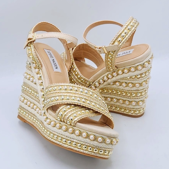Steve Madden Juniper Raffia Platform Gold Pearls Accent Wedge Sandals Size 11. - Picture 1 of 16